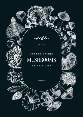 Forest mushrooms background on chalkboad. Edible mushrooms wreath, vintage card design. Fungi, healthy food, vegan product sketches. Autumn hand-drawn vector illustration. Engraved design template